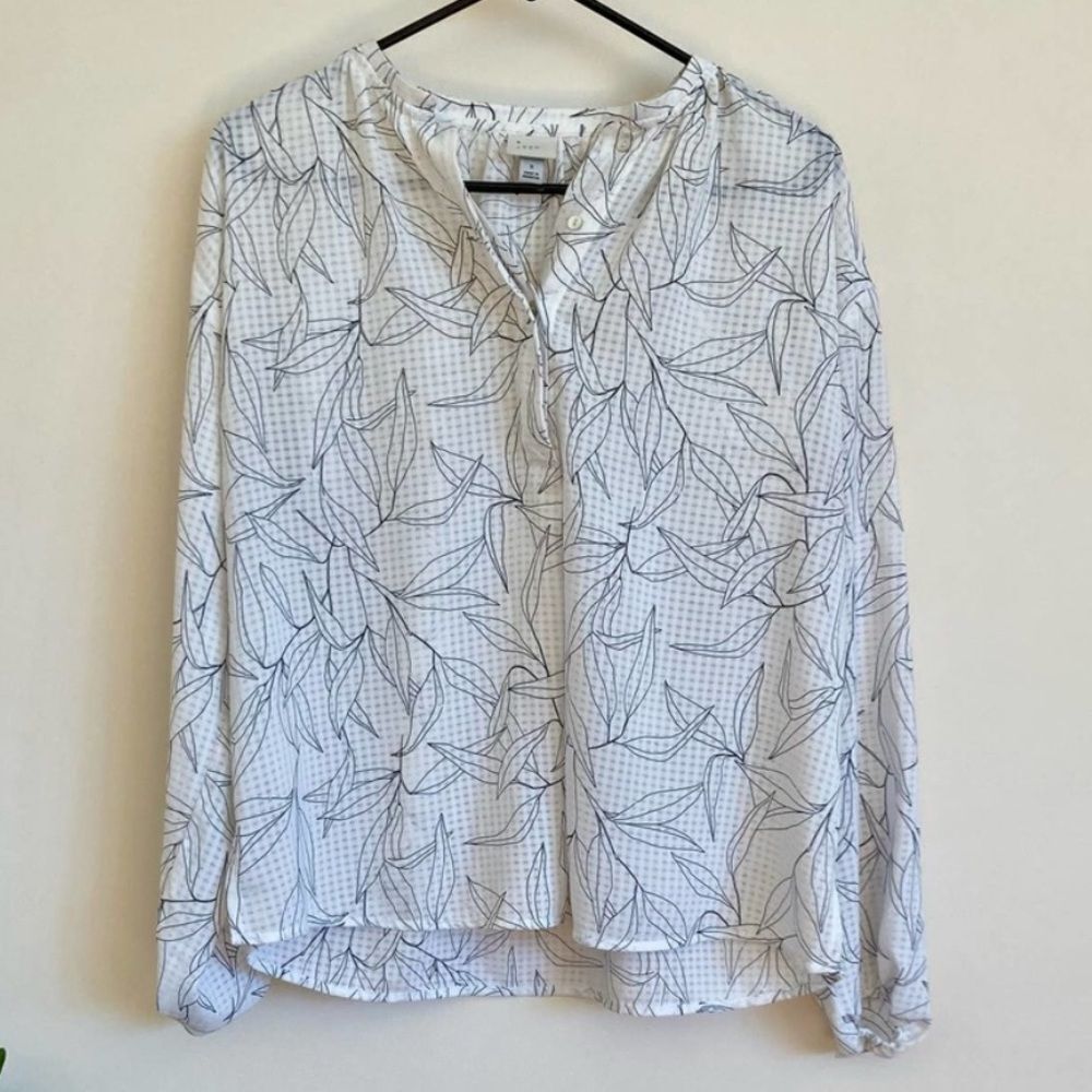 a new day White Leaf Pattern Long Sleeve sheer Blouse size large